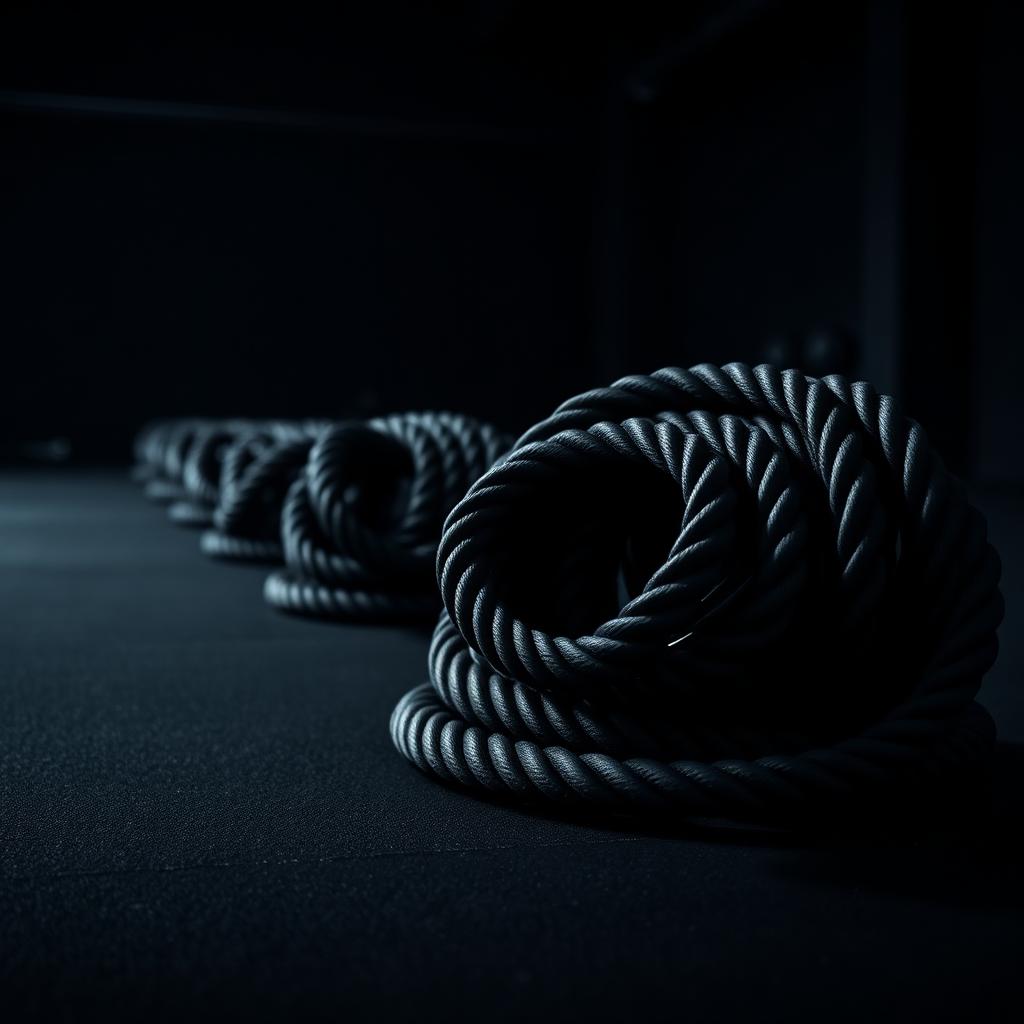 Coiled black battle ropes on the gym floor